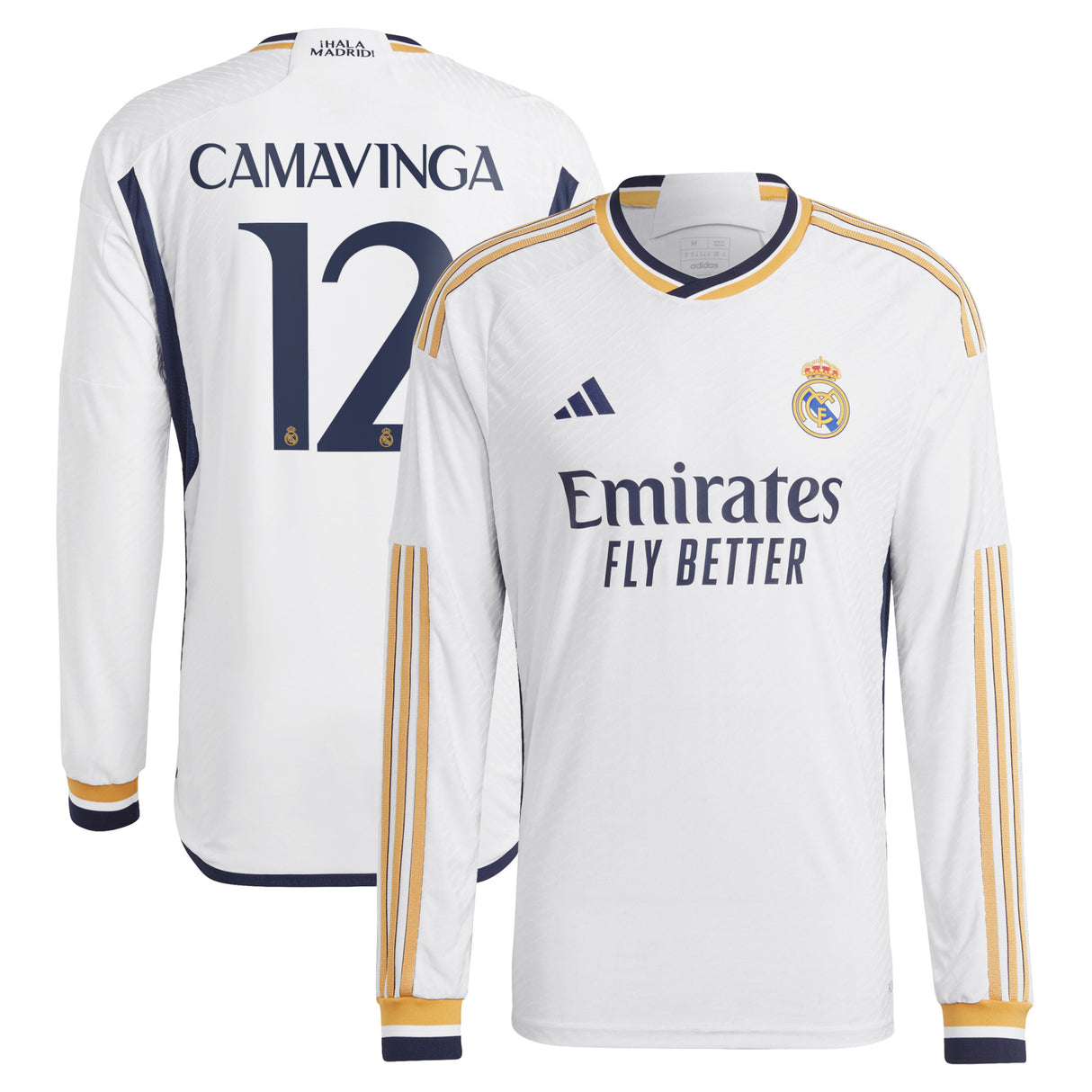 Real Madrid adidas Home Authentic Shirt 2023-24 - Long Sleeve with Camavinga 12 printing - Kit Captain