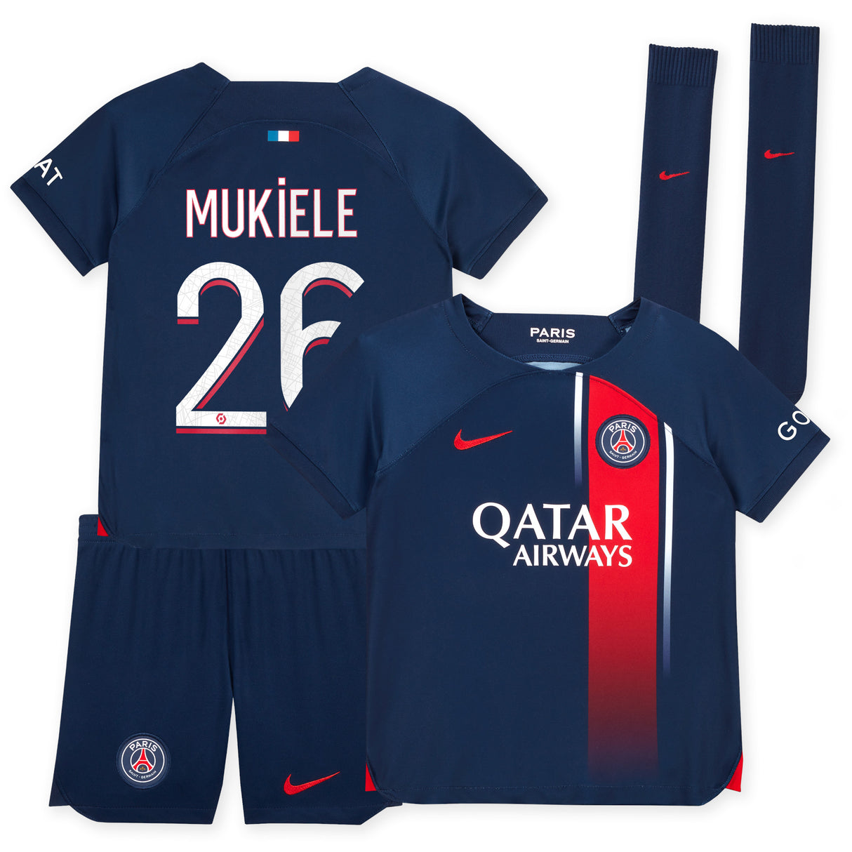 Paris Saint-Germain Nike Home Stadium Kit 2023-24 - Little Kids with Mukiele 26 printing - Kit Captain