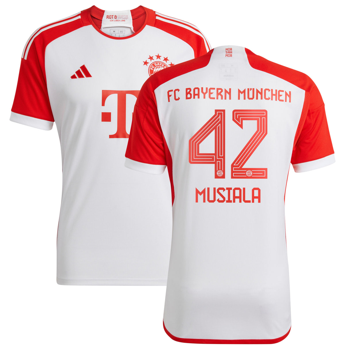 FC Bayern adidas Home Shirt 2023-24 with Musiala 42 printing - Kit Captain