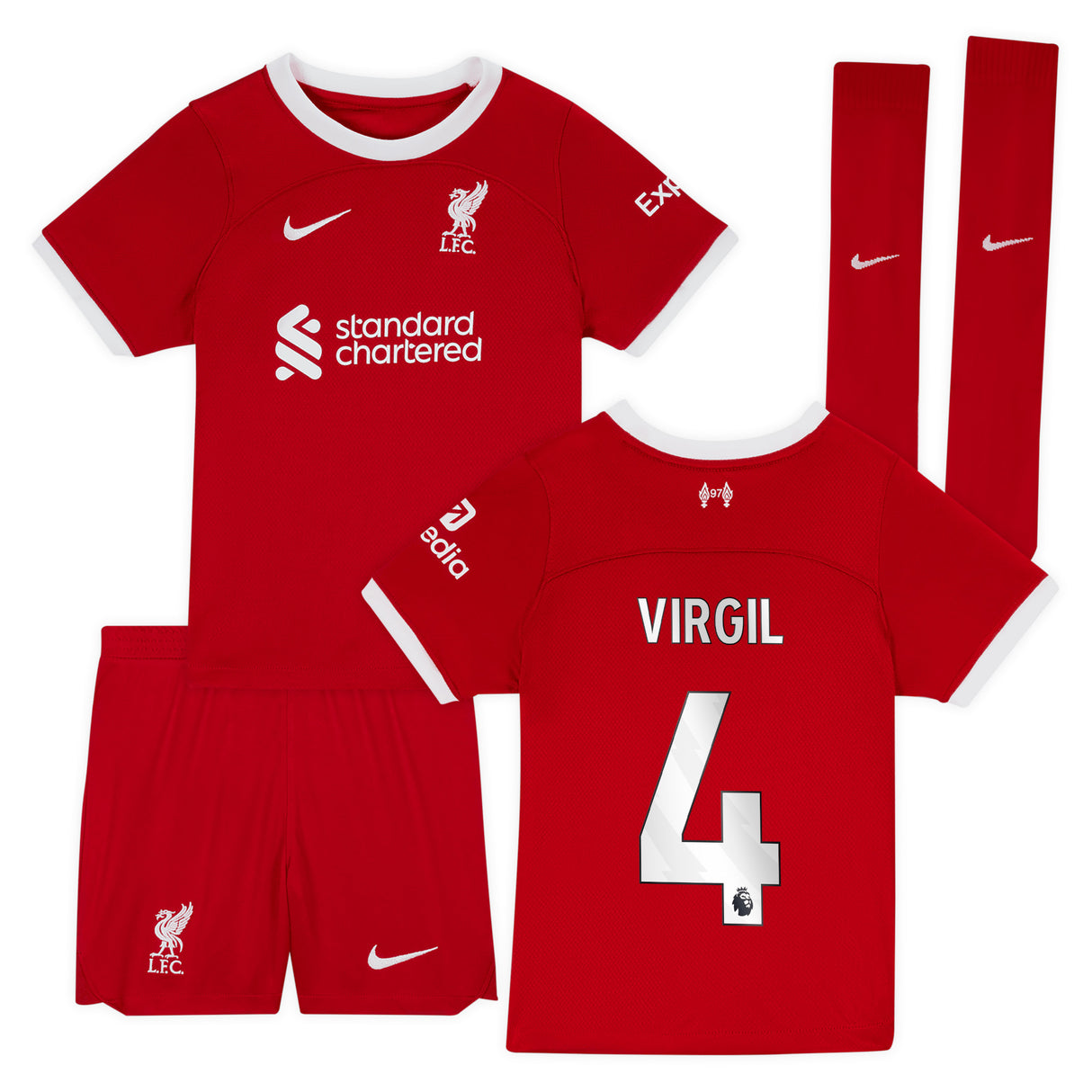 Liverpool Nike Home Stadium Kit - 2023-24 - Little Kids with Virgil 4 printing - Kit Captain