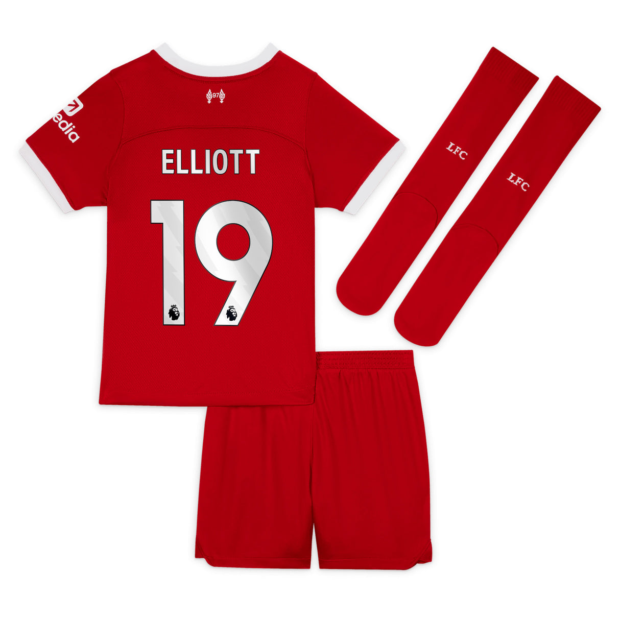 Liverpool Nike Home Stadium Kit - 2023-24 - Little Kids with Elliott 19 printing - Kit Captain