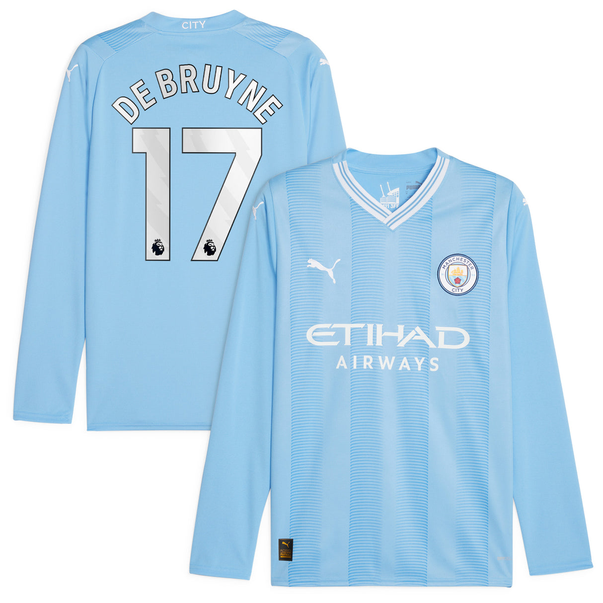 Manchester City Puma Home Shirt 2023-24 - Long Sleeve - Kids with De Bruyne 17 printing - Kit Captain