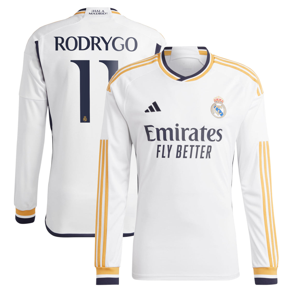 Real Madrid adidas Home Shirt 2023-24 - Long Sleeve with Rodrygo 11 printing - Kit Captain