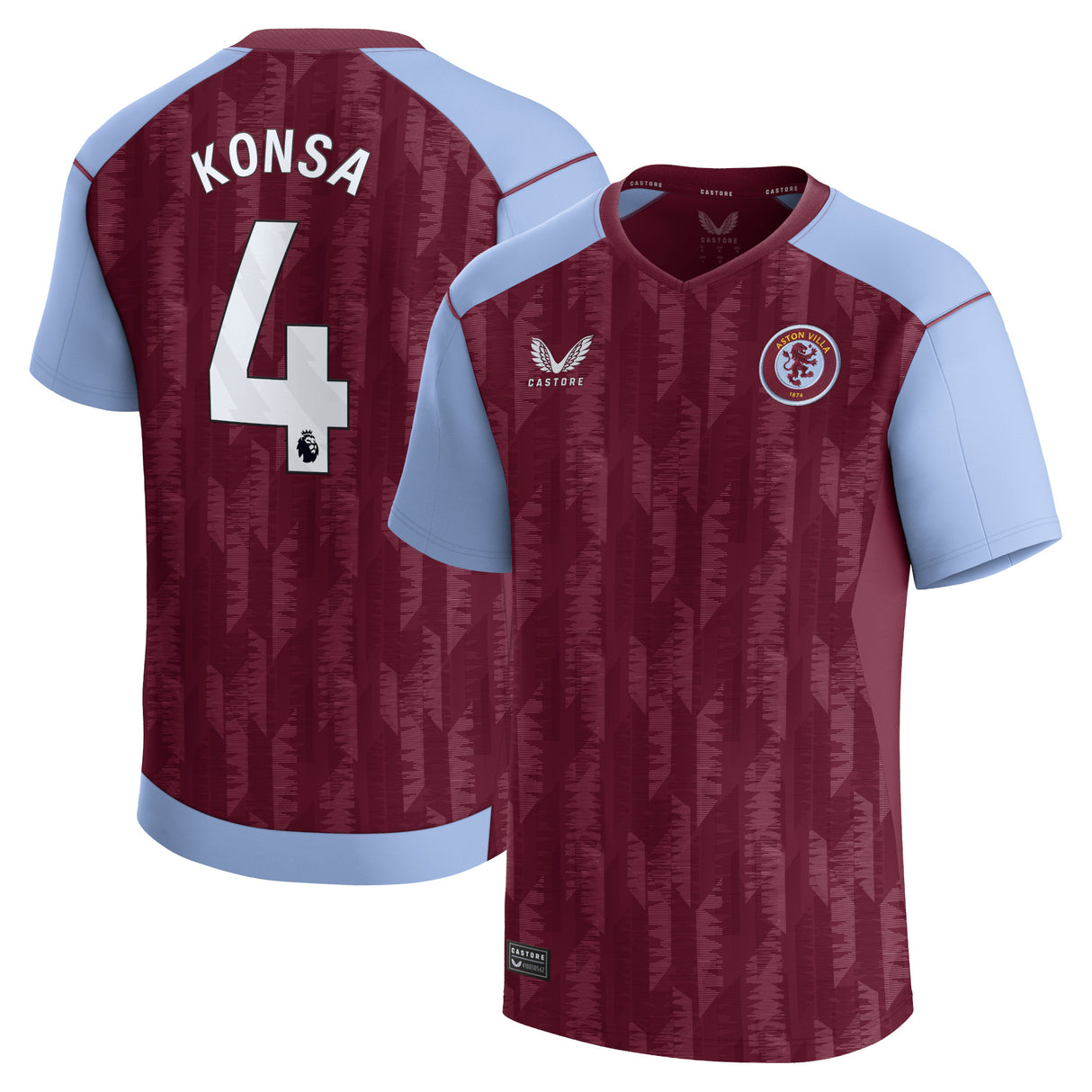 Aston Villa Castore Home Shirt 2023-24 - Kids with Konsa 4 printing - Kit Captain