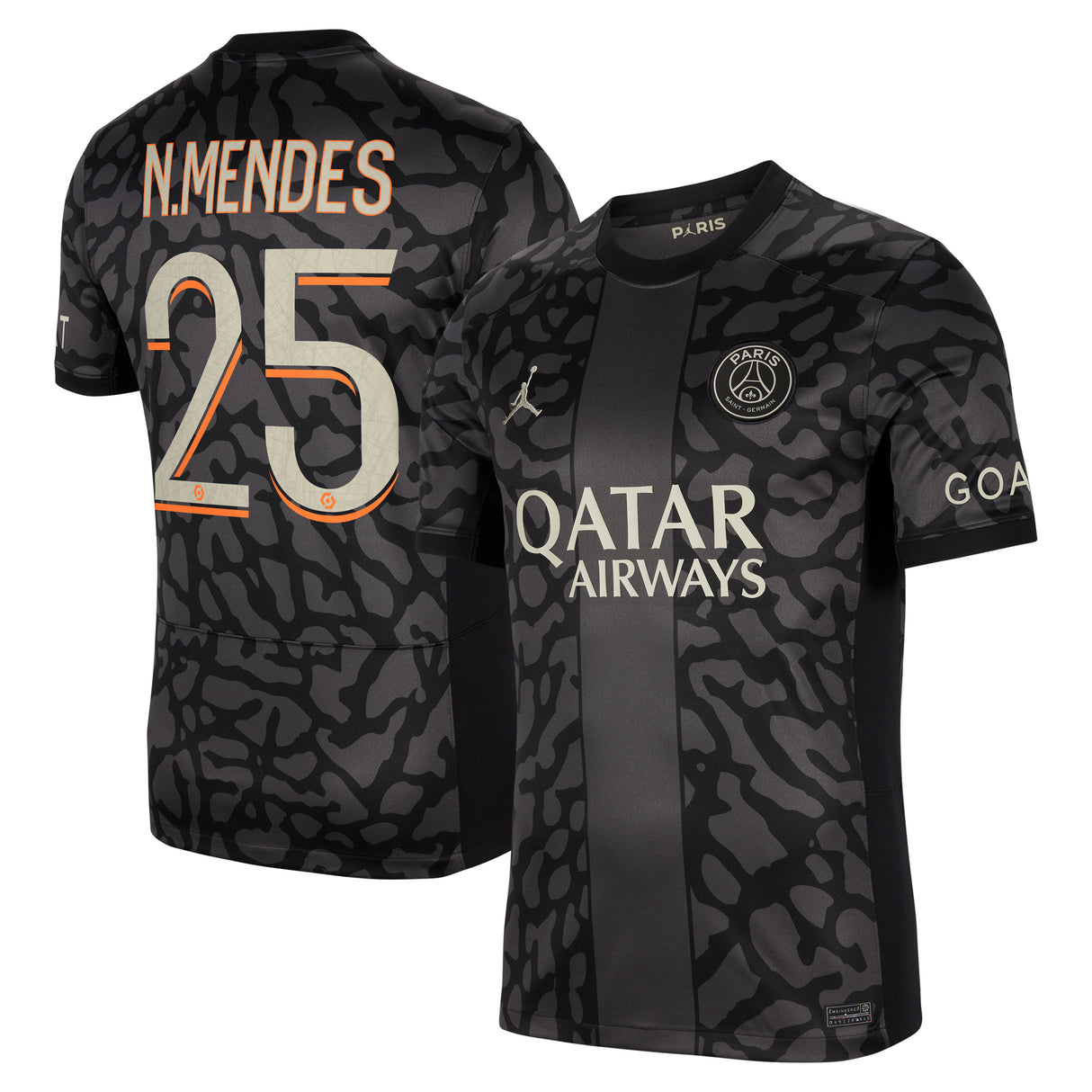 PSG x Jordan Third Stadium Shirt 2023-24 with N.Mendes 25 printing - Kit Captain