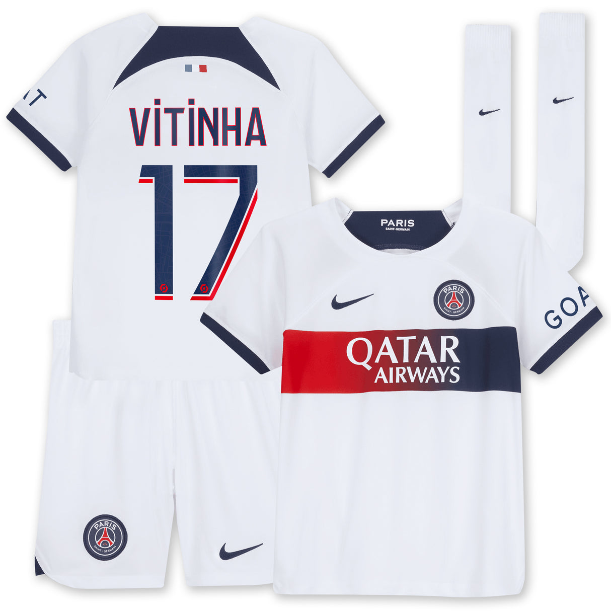 Paris Saint-Germain Nike Away Stadium Kit 2023-24 - Little Kids with Vitinha 17 printing - Kit Captain