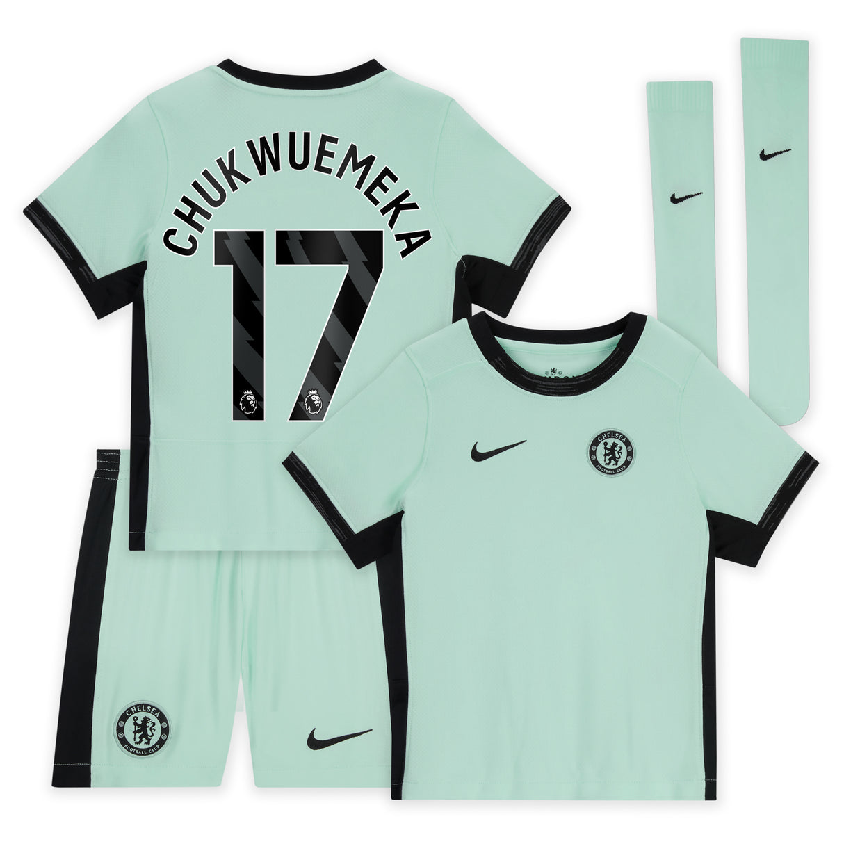 Chelsea Third Stadium Kit 2023-24 - Little Kids with Chukwuemeka 17 printing - Kit Captain