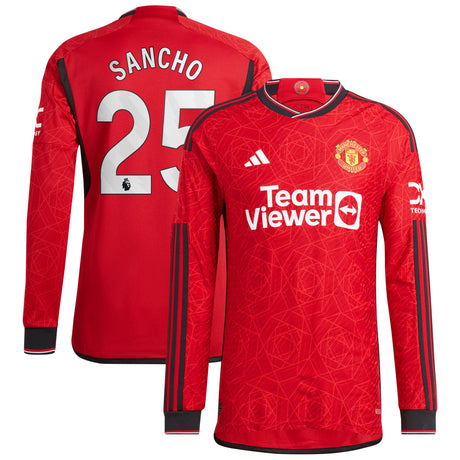 Manchester United EPL adidas Home Authentic Shirt 2023-24 - Long Sleeve with Sancho 25 printing - Kit Captain