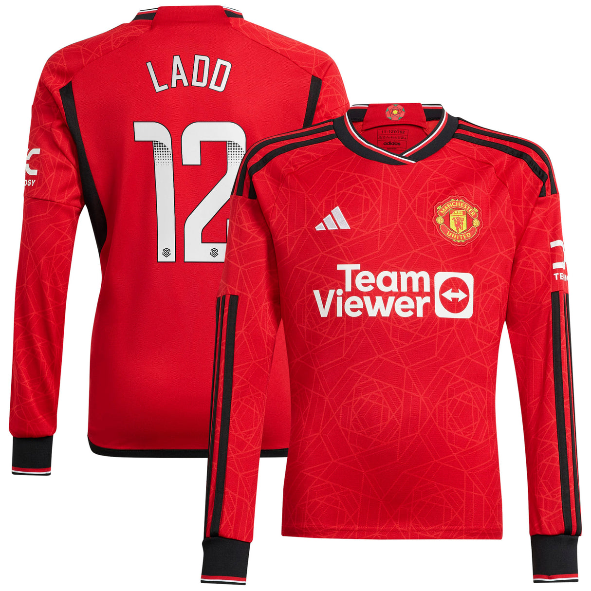 Manchester United WSL adidas Home Shirt 2023-24 - Kids - Long Sleeve with Ladd 12 printing - Kit Captain