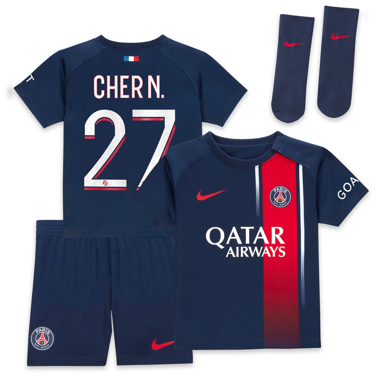 Paris Saint-Germain Nike Home Stadium Kit 2023-24 - Infant with Cher N. 27 printing - Kit Captain