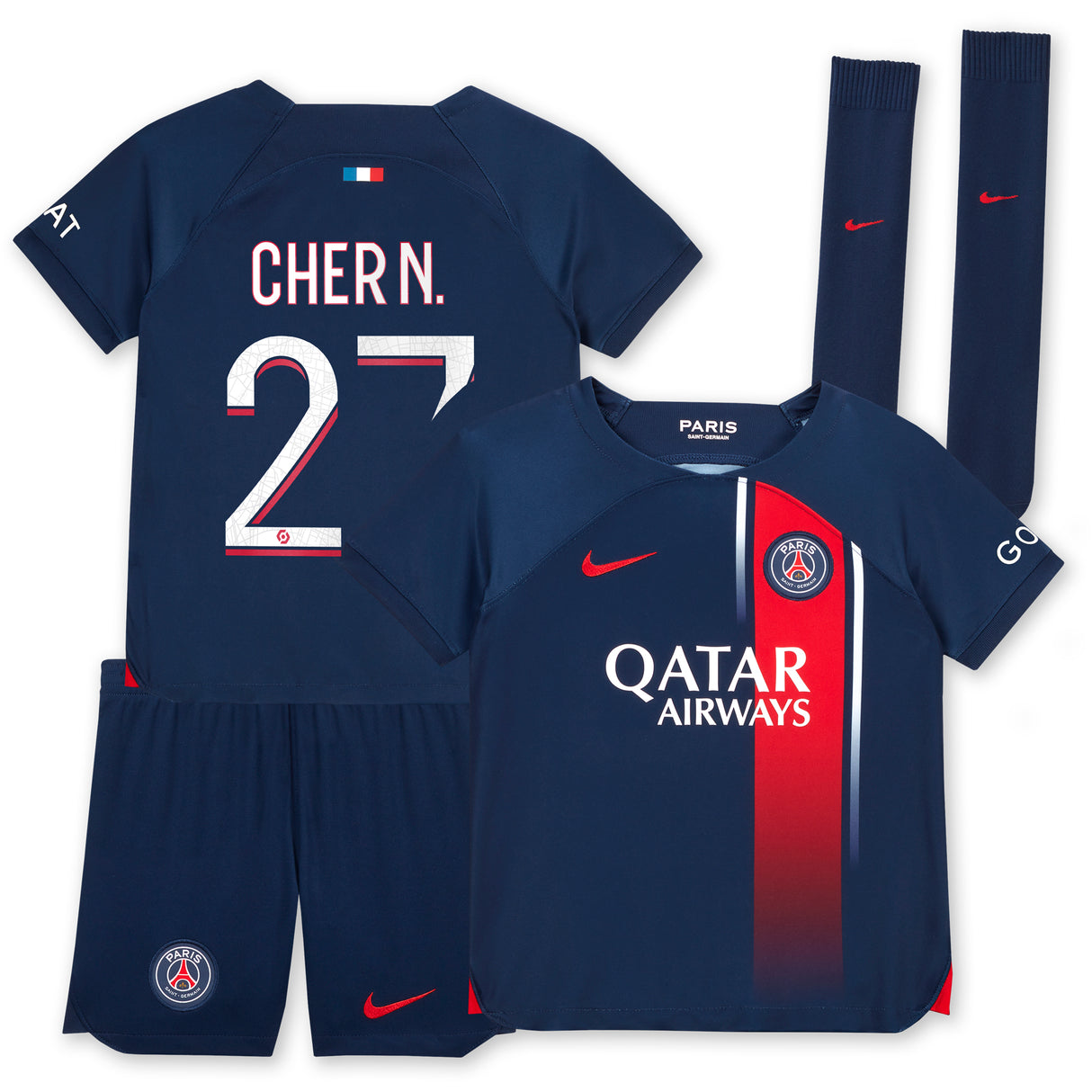 Paris Saint-Germain Nike Home Stadium Kit 2023-24 - Little Kids with Cher N. 27 printing - Kit Captain