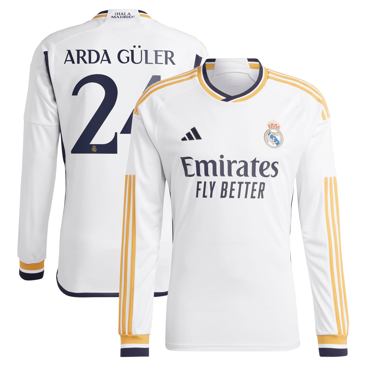 Real Madrid adidas Home Shirt 2023-24 - Long Sleeve with Arda Güler 24 printing - Kit Captain