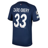 PSG Nike Home Dri-FIT ADV Match Shirt 2023-24 with Zaïre-Emery 33 and Champions League printing and badges - Kit Captain