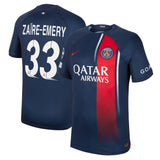 PSG Nike Home Stadium Shirt 2023-24 with Zaïre-Emery 33 and Champions League printing and badges - Kit Captain