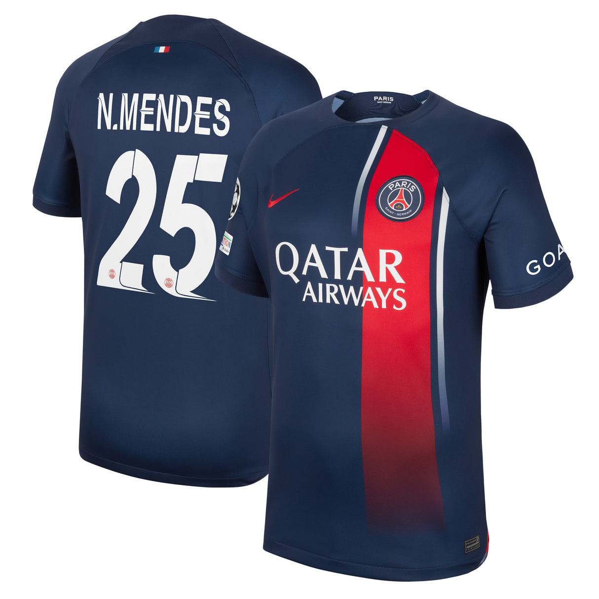 PSG Nike Home Stadium Shirt 2023-24 with N.Mendes 25 and Champions League printing and badges - Kit Captain