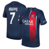 PSG Nike Home Stadium Shirt 2023-24 with Mbappé  7 and Champions League printing and badges - Kit Captain