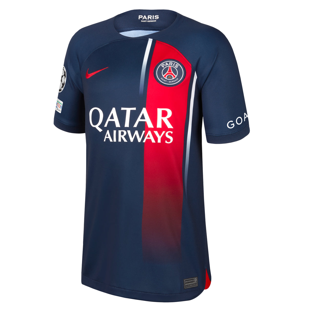 PSG Nike Home Stadium Shirt 2023-24 - Kids with ZaÃ¯re-Emery 33 and Champions League printing and badges - Kit Captain