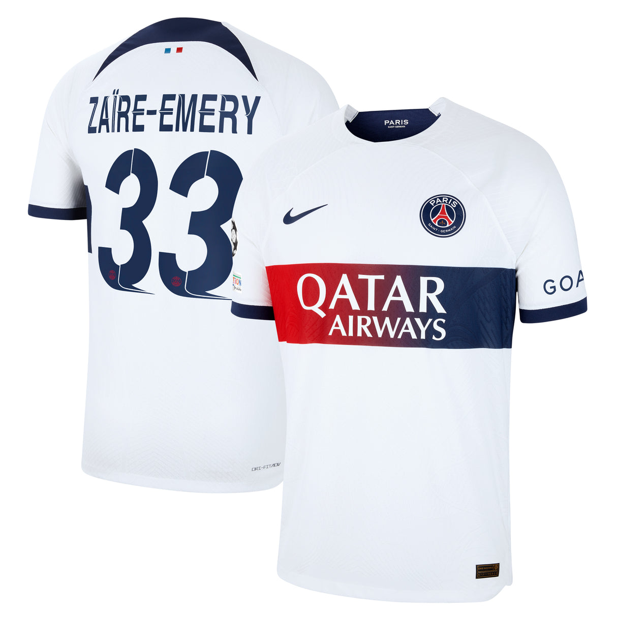 PSG Nike Away Dri-FIT ADV Match Shirt 2023-24 with Zaïre-Emery 33 and Champions League printing and badges - Kit Captain