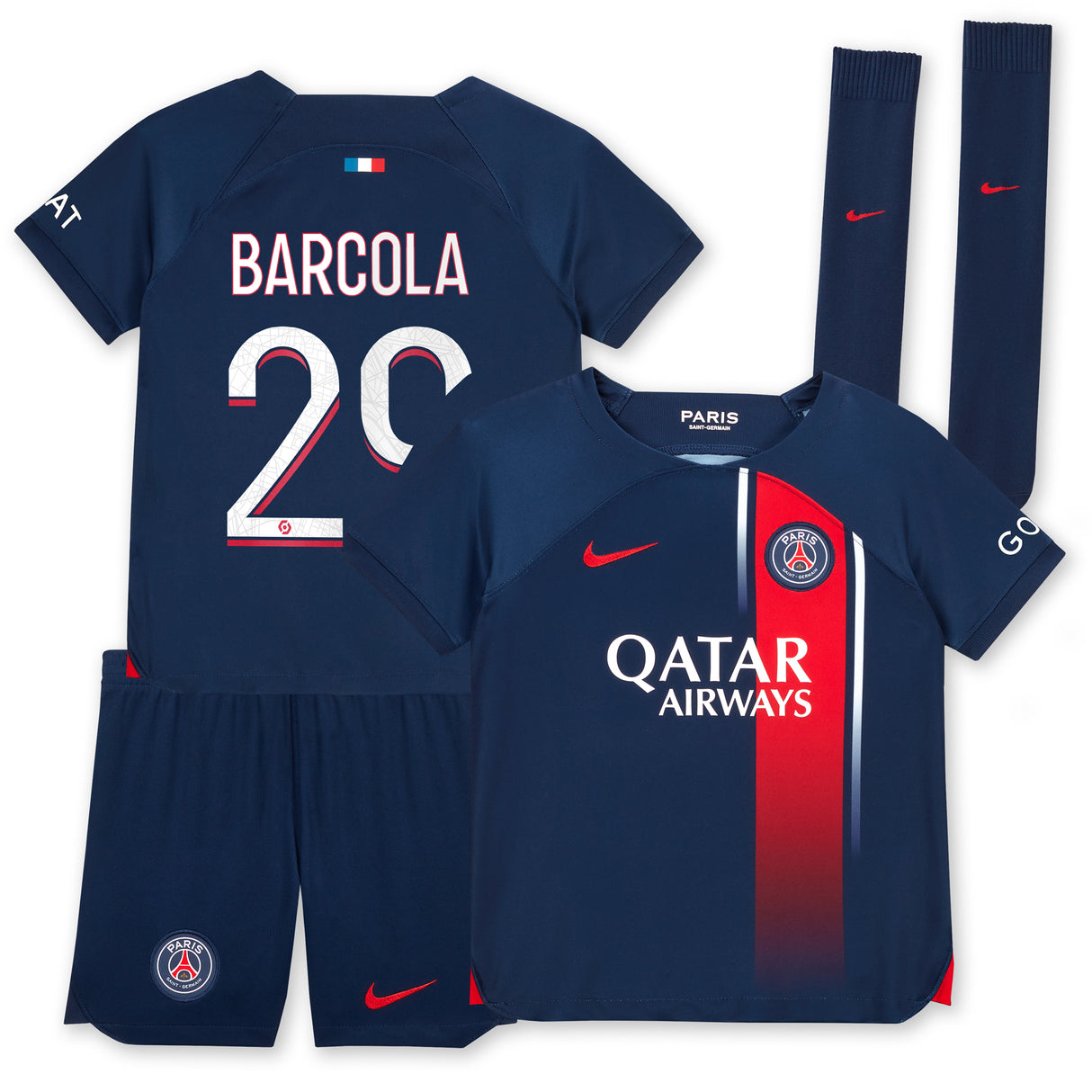 Paris Saint-Germain Nike Home Stadium Kit 2023-24 - Little Kids with Barcola 29 printing - Kit Captain