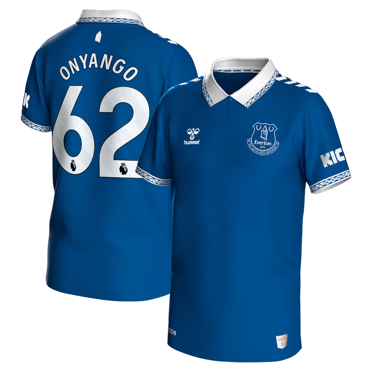 Everton Hummel Home Shirt 2023-24 - Kids with Onyango 62 printing - Kit Captain