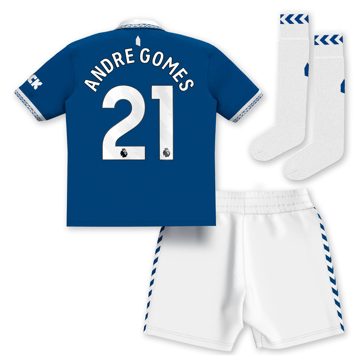 Everton Hummel Home Infant Kit 2023-24 with Andre Gomes 21 printing - Kit Captain