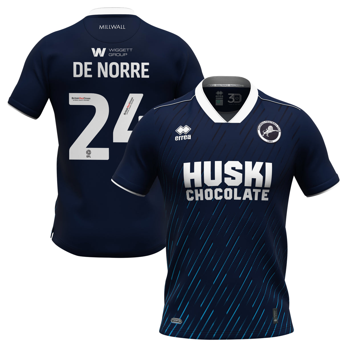 Millwall Errea Home Shirt 2023-24 - Kids - Casper DE NORRE 24 - Kit Captain