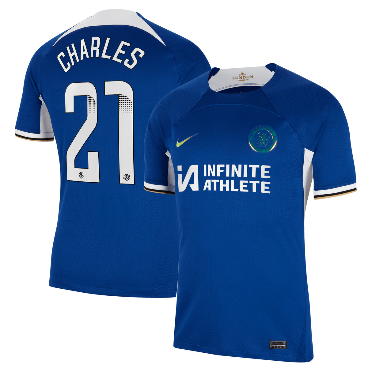 Chelsea WSL Nike Home Stadium Sponsored Shirt 2023-24 with Charles 21 printing