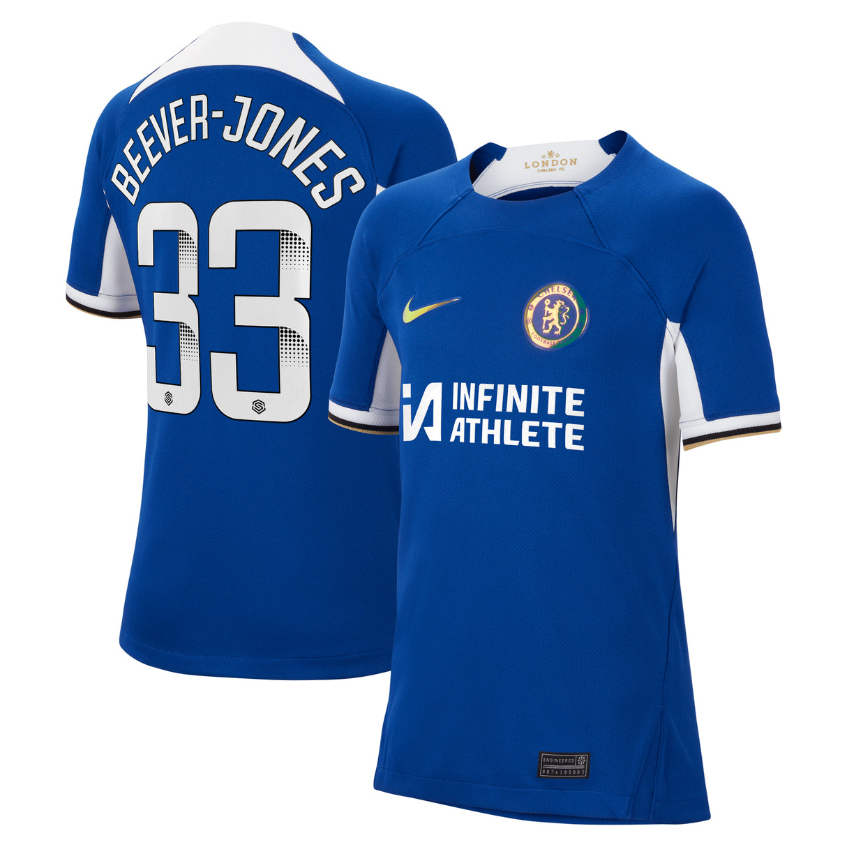 Chelsea WSL Nike Home Stadium Sponsored Shirt 2023-24 - Kids with Beever-Jones 33 printing