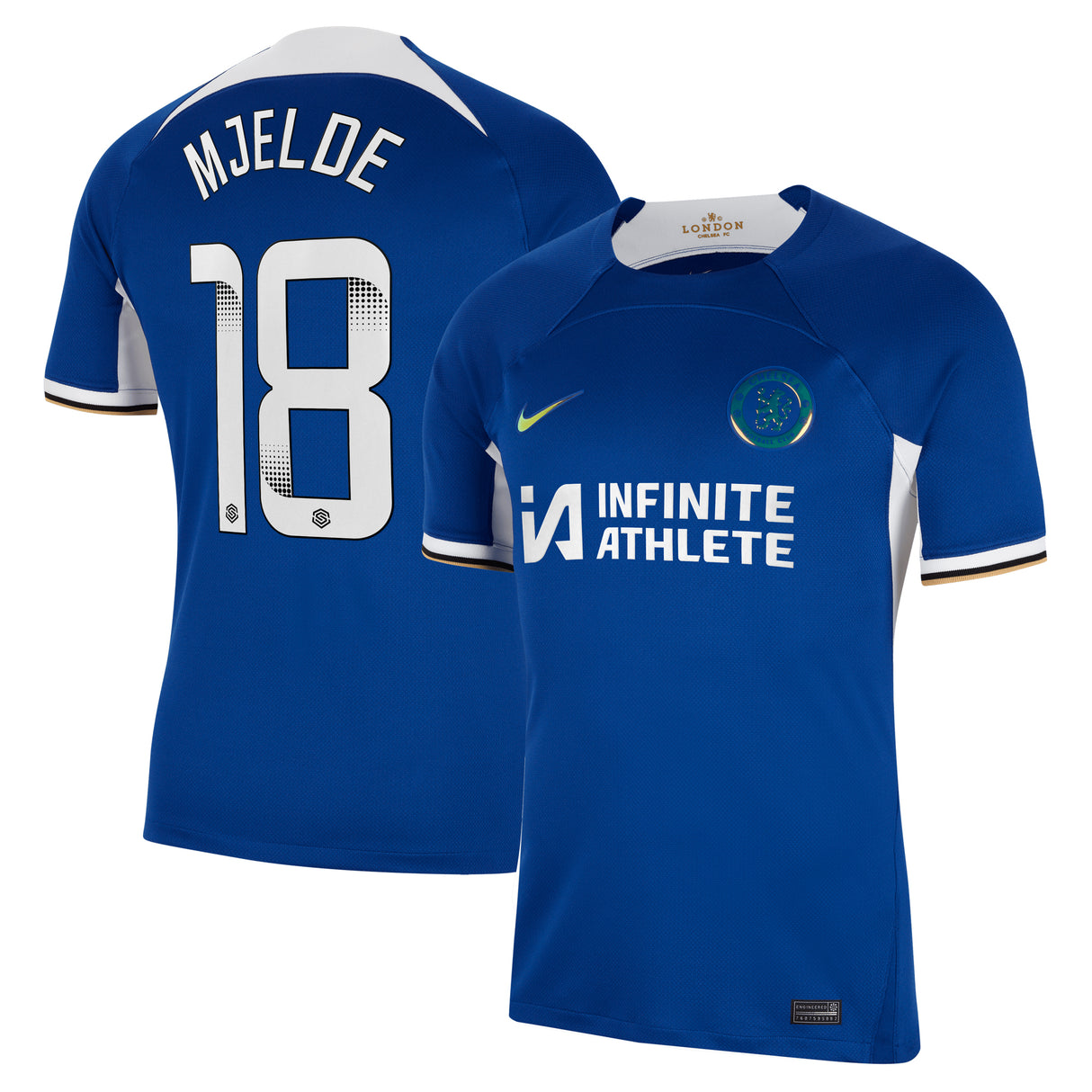 Chelsea WSL Nike Home Stadium Sponsored Shirt 2023-24 with Mjelde 18 printing